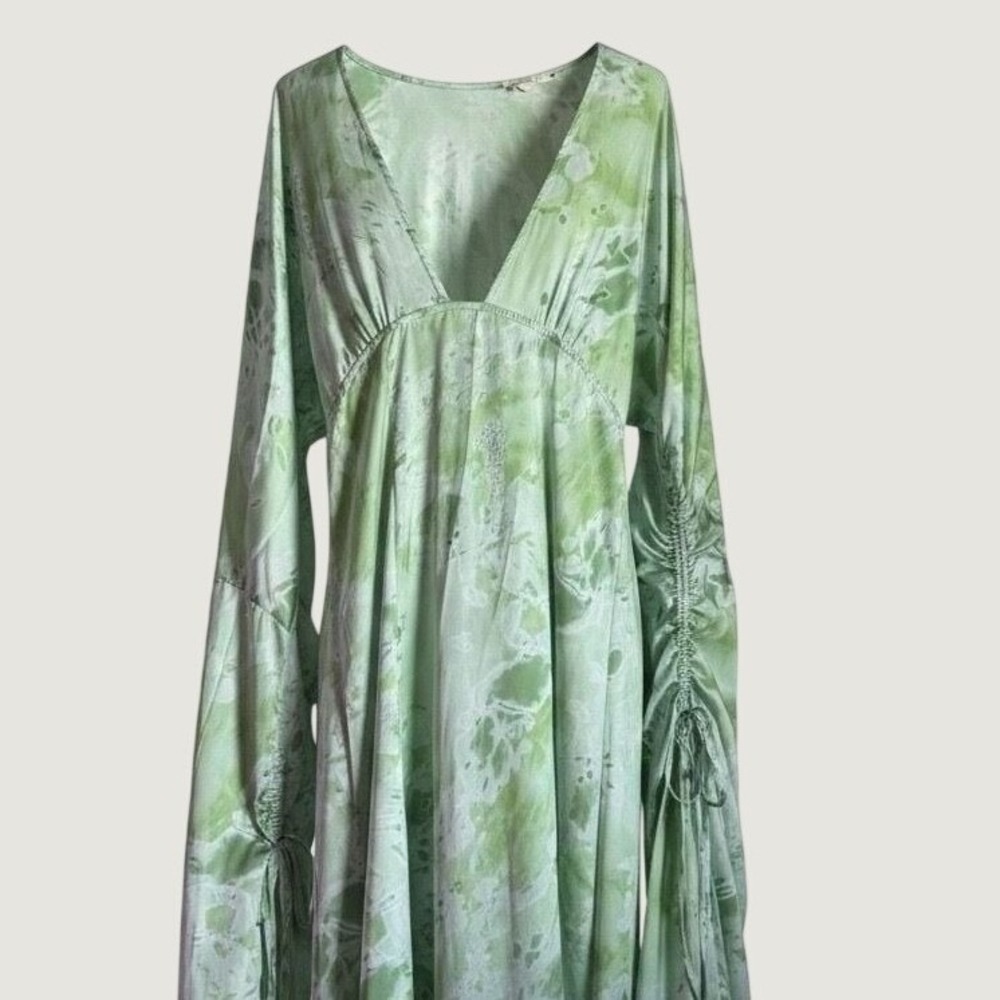 Maxi Dress Medium Boho Tie Dye Satin Ruched Bell Sleeve Green V-Neck - Picture 5 of 11